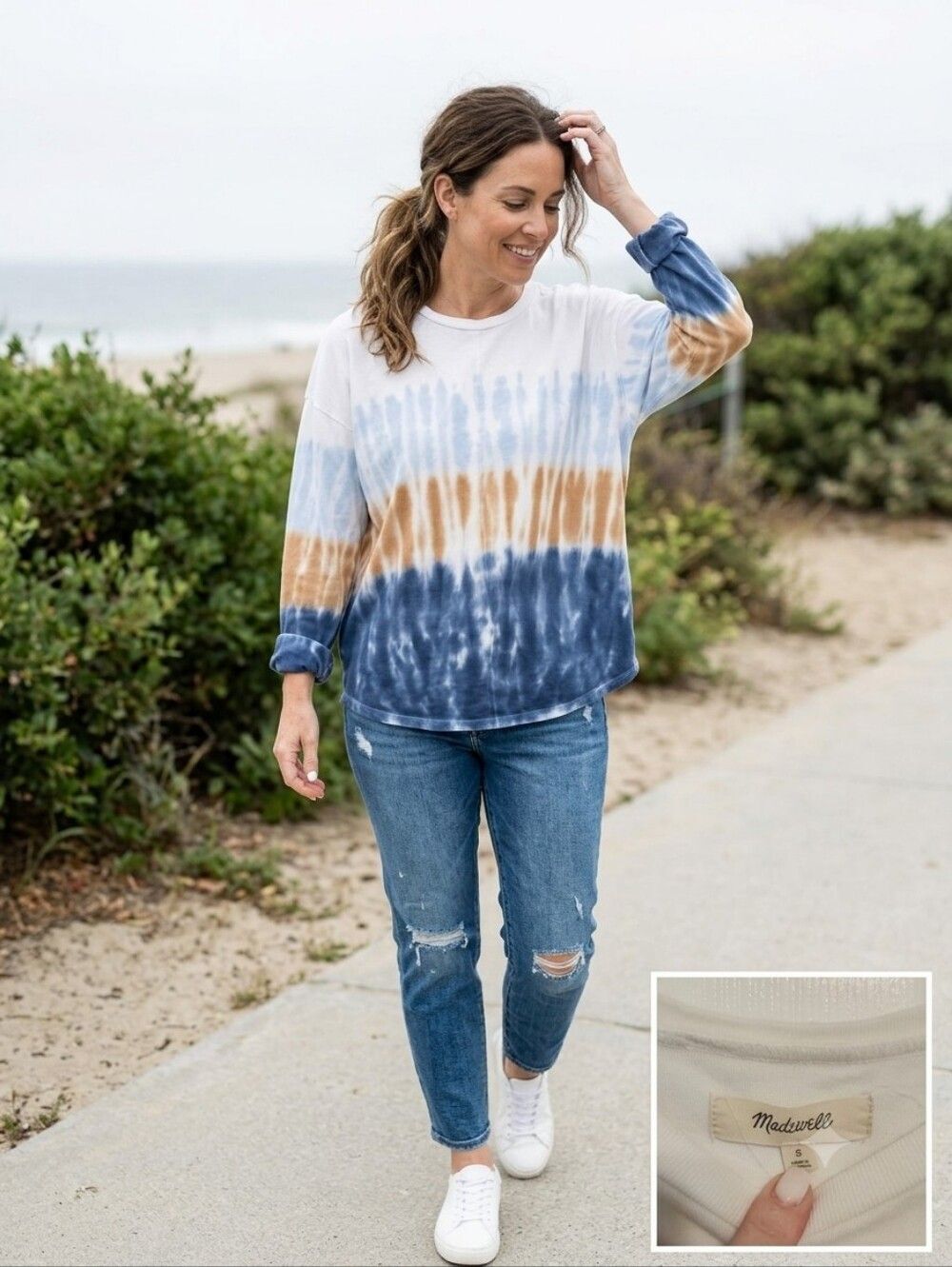 Madewell Tie-Dye Long Sleeve Tee in Blue, Tan, White - Size Small